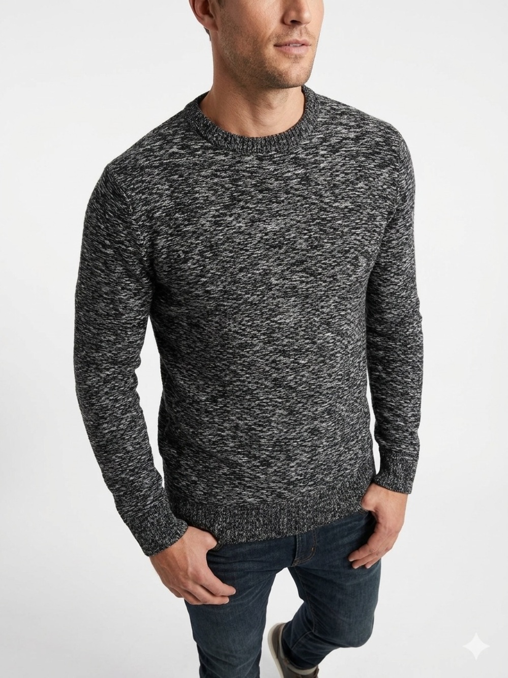 Grafton Men's Black & White Marled Knit Crewneck Sweater - Size M - 604